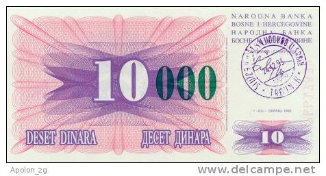 BOSNIA:  10 000 Dinara On 10 Dinara, 1993 UNC *P-53c *16mm High Green Zeroes - 24.12.1993 - Bosnie-Herzegovine