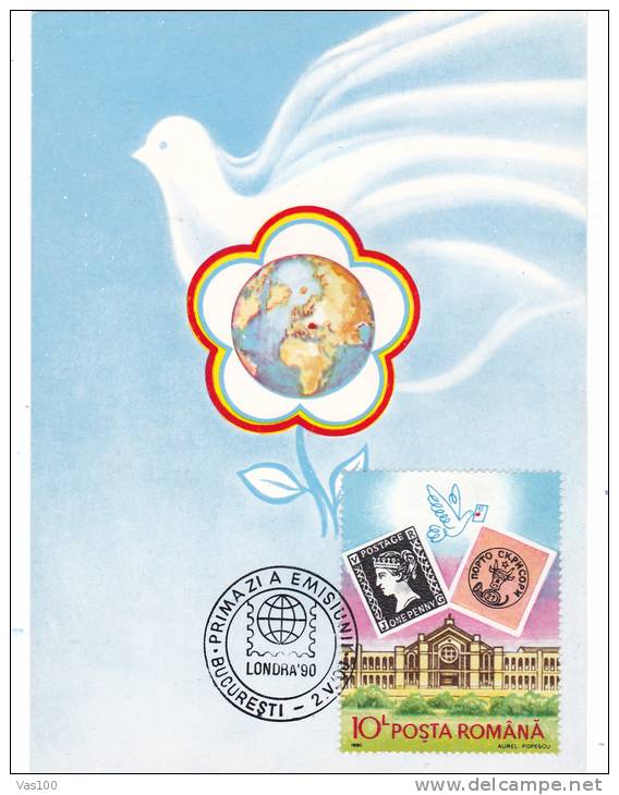 DOVE PIGEONS PEACE 1990 CM,MAXICARD,CARTES MAXIMUM OBLIT.FDC ROMANIA. - Tauben & Flughühner