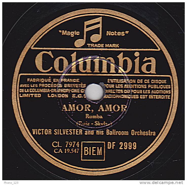 78 Tours - Columbia DF 2999 - VICTOR SILVESTER - AMOR? AMOR - NIGHT OF BIARRITZ - 78 T - Disques Pour Gramophone