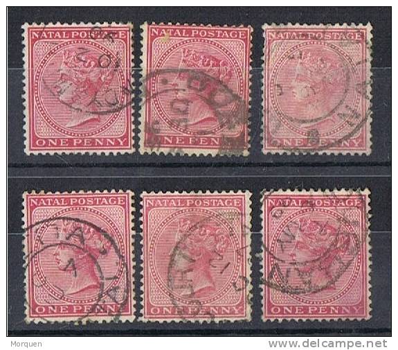 Lote 6 Sellos NATAL 1882, 1 Penny, Fechadores, Yvert Num 44 º - Natal (1857-1909)