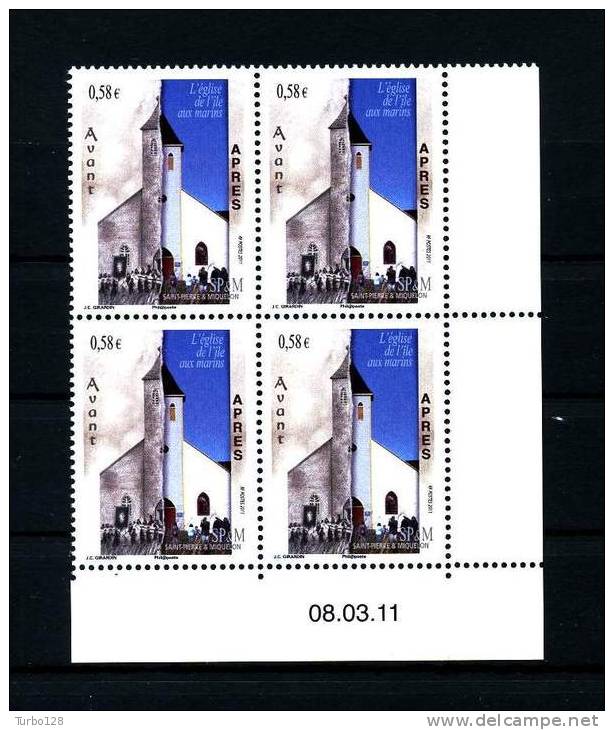 SPM MIQUELON  2011  N° 1000 ** Bloc De 4 Coin Daté Neuf MNH Superbe L'Eglise De L'Île Aux Marins Church - Unused Stamps