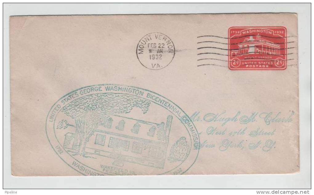 USA Postal Stationery Cover Mount Vernon 22-2-1932 George Washington Bicentennial With Nice Cachet - 1921-40