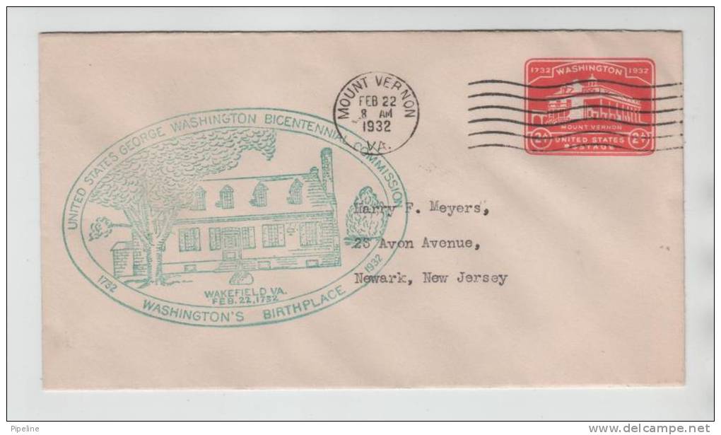 USA Postal Stationery Cover Mount Vernon 22-2-1932 George Washington Bicentennial With Nice Cachet - 1921-40