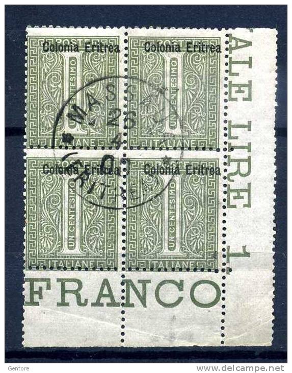 1893 King Umberto I Cent 1 In Block Of Four Sassone Cat N° 1   Cancelled Massaua 26 Aprile 1900 - Eritrea