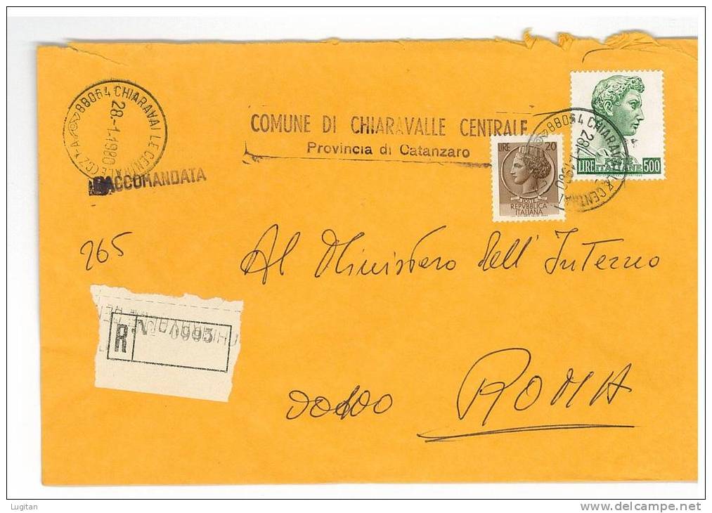 CHIARAVALLE CENTRALE CAP 88064 - CATANZARO - ANNO 1980 -  R  - CALABRIA  -TEMATICA COMUNI D'ITALIA - STORIA POSTALE - Macchine Per Obliterare (EMA)