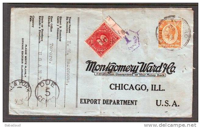 1929, TORORO UGANDA, 20 Cents Letter To  Montgomery Ward, Chicago USA, Postage Due 5 Cents - Kenya & Uganda