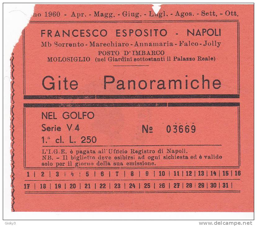 *Biglietto INGRESSO Imbarco Per Gite Panoramiche Golfo Di Napoli 1960 Cass10 - Europa