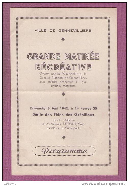 Programme Gennevilliers 3 Mai 1942 Le Mariage De Carabosse - Programas