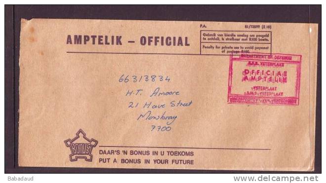 South Africa , 1960s /1970s DEPARTMENT OF DEFENCE YSTERPLATT  Official Cover To Witbank - Autres & Non Classés