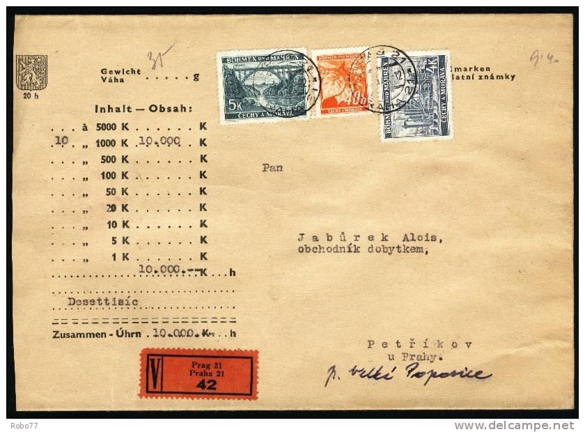 1940 Bohemia &amp; Moravia. Insured Letter, Cover. Insured For 10 000 K - Desettisic.  Praha 21.  RARE! (D03045) - Covers & Documents