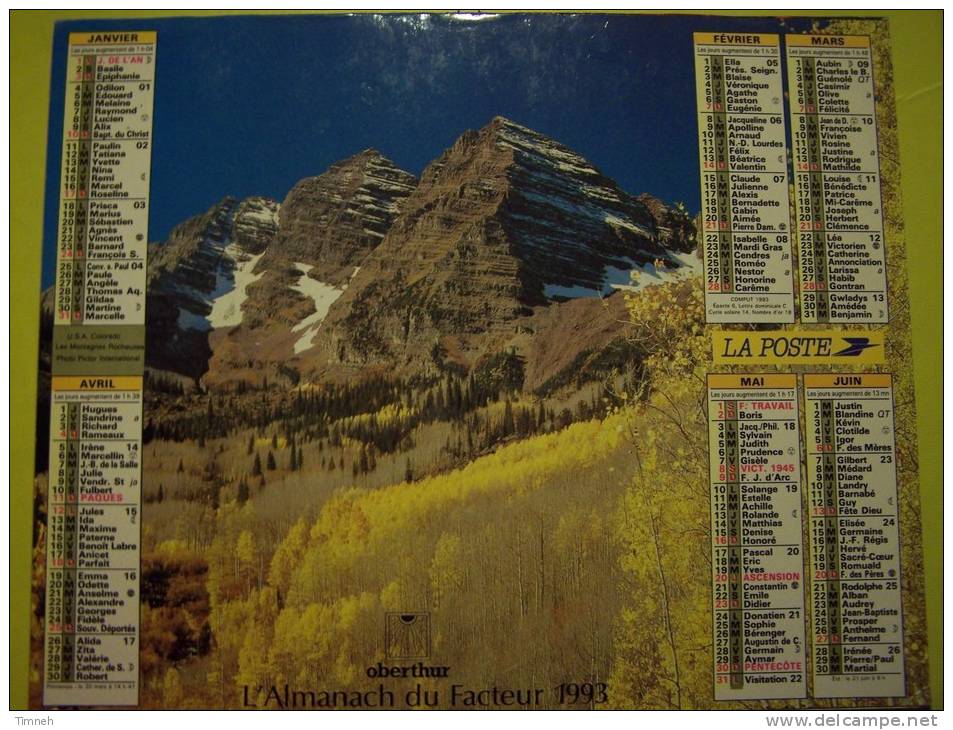 Almanach Du Facteur 1993 Usa Colorado Vermont - Vosges N°88  OBERTHUR  - LA POSTE - Tamaño Grande : 1991-00