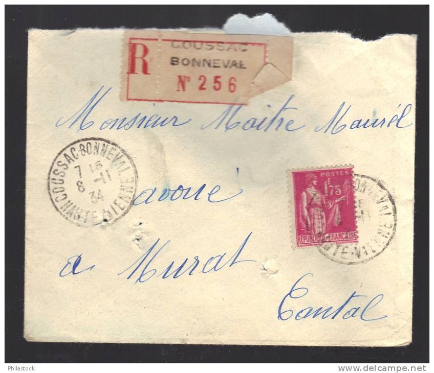 FRANCE 1934 N° 289 Obl. S/lettre Entiére Recommandée - 1932-39 Vrede