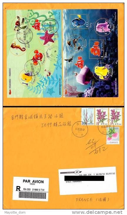 TAIWAN Kinmen 2011 Disney Pixar Nemo Sea Fish Flowers Registered Cover Mayotte China - Lettres & Documents