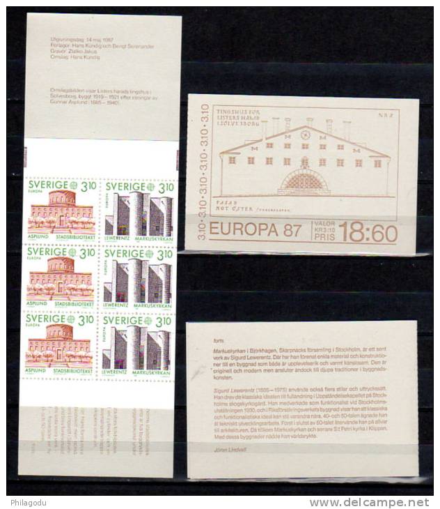 Suède 1987, Carnet Europa,  Architecture    5x  C1411**, Cote 45 €, - Usati