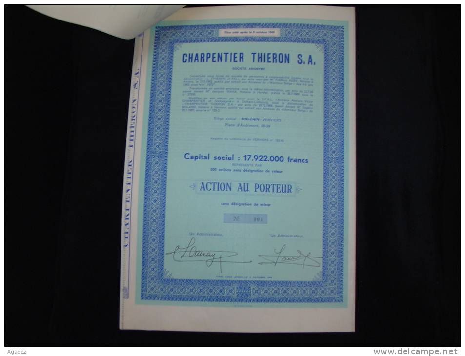 5 Action Numéros 1 à 5 Avec Certificat De Reception "Charpentier Thieron S.A."Dolhain Verviers 1967 Excellent état, - Industrie