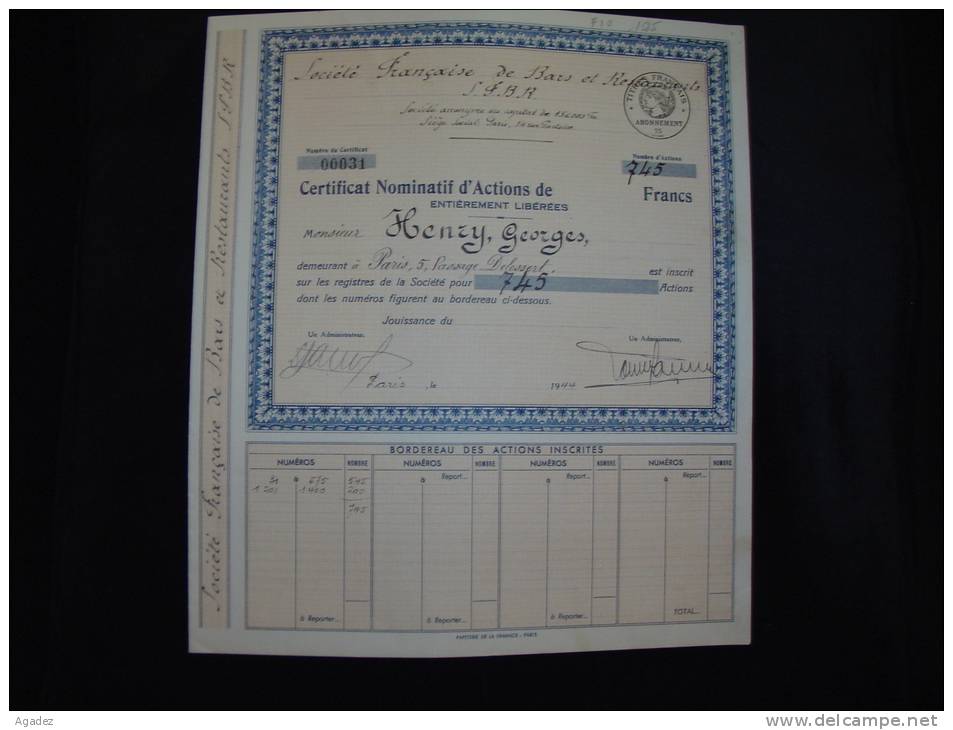 Certificat D'action " Sté Française De Bars Et Restaurants " Paris 1944. - Casinos