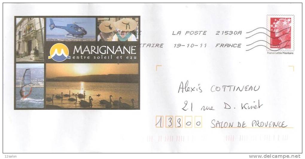 Entier Pret A Poste MARIGNANE Theme Helicoptere Cygne Planche A Voile - Helicopters