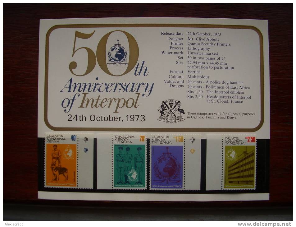 K.U.T. 1973 50th.Anniv.of INTERPOL - 4 VALUES Set To 2/50 With PRESENTATION CARD MNH. - Kenya, Uganda & Tanzania