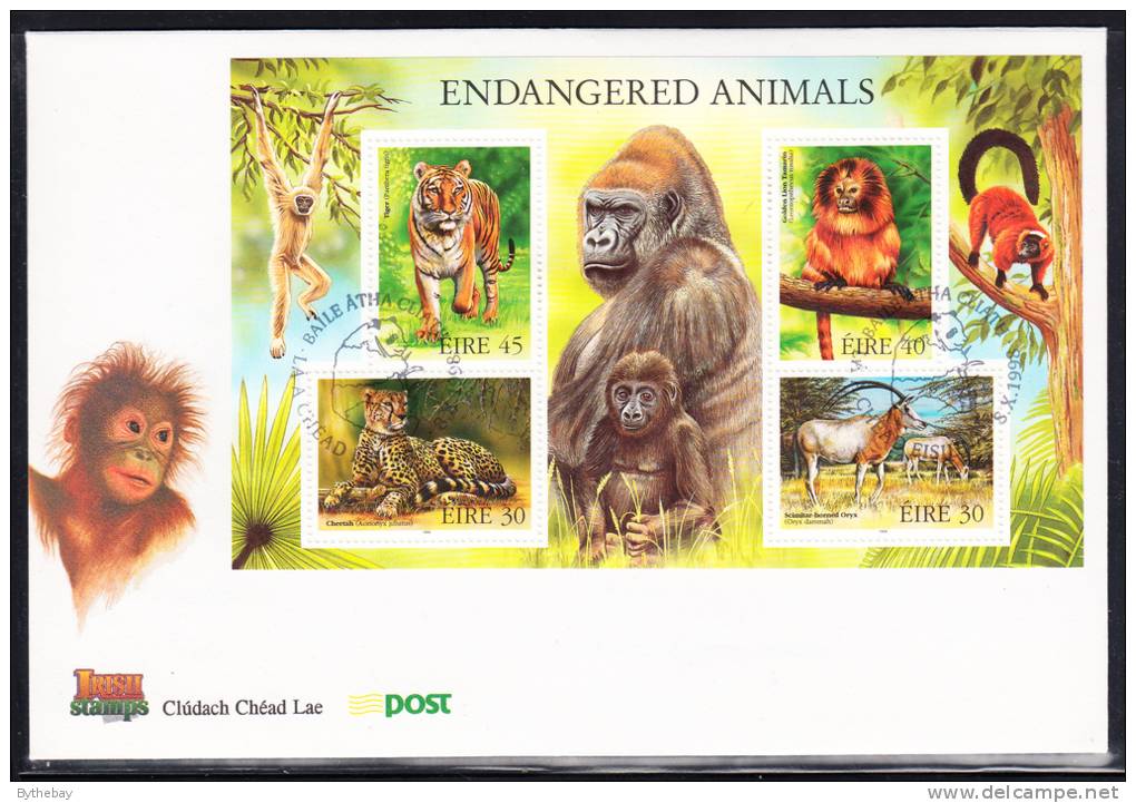 Ireland Scott #1156a FDC Souvenir Sheet  Endangered Animals: Cheetah, Oryx, Golden Lion Tamarin, Tiger - Gorilla