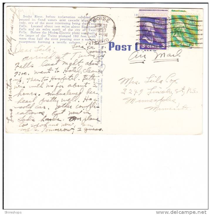 Twin Falls Idaho Postmark Boise 1950 - Twin Falls