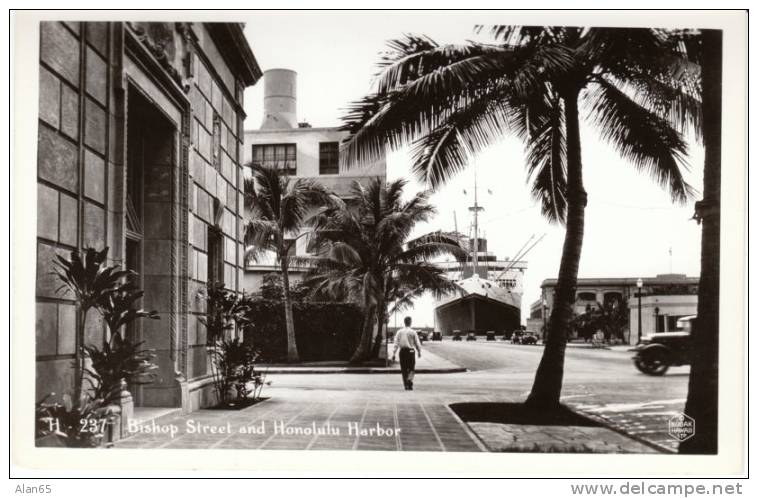Honolulu Oahu, HI Hawaii, Bishop Street Scene, Harbor, Auto, On C1940s/50s Vintage Real Photo Postcard - Honolulu