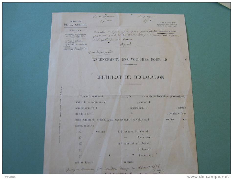 Certificat De Declaration Recensement Des Voitures Ministere De La Guerre 1914 - Véhicules