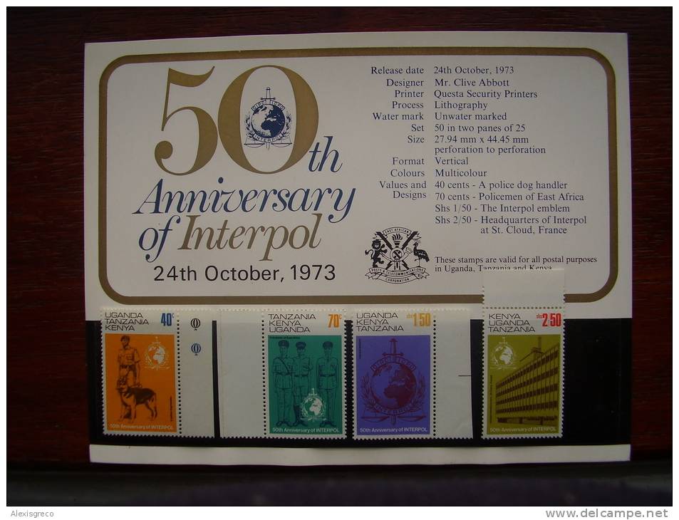 K.U.T. 1973 50th.Anniv.of INTERPOL - 4 VALUES Set To 2/50 With PRESENTATION CARD MNH. - Kenya, Uganda & Tanzania