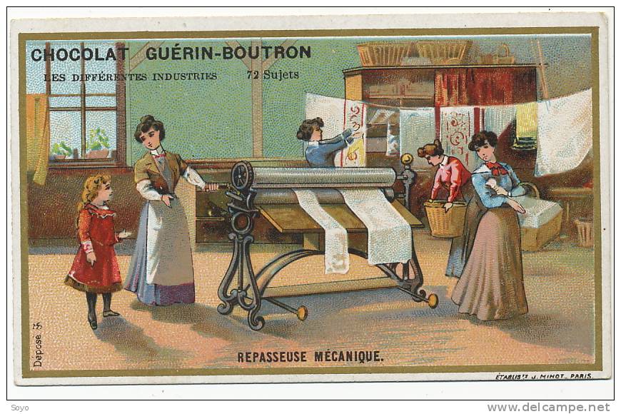 Metier  Repassage Repasseuse Mecanique Chromo Format 11 Par 6,5 Cms Pub Chocolat Guerin - Guerin Boutron