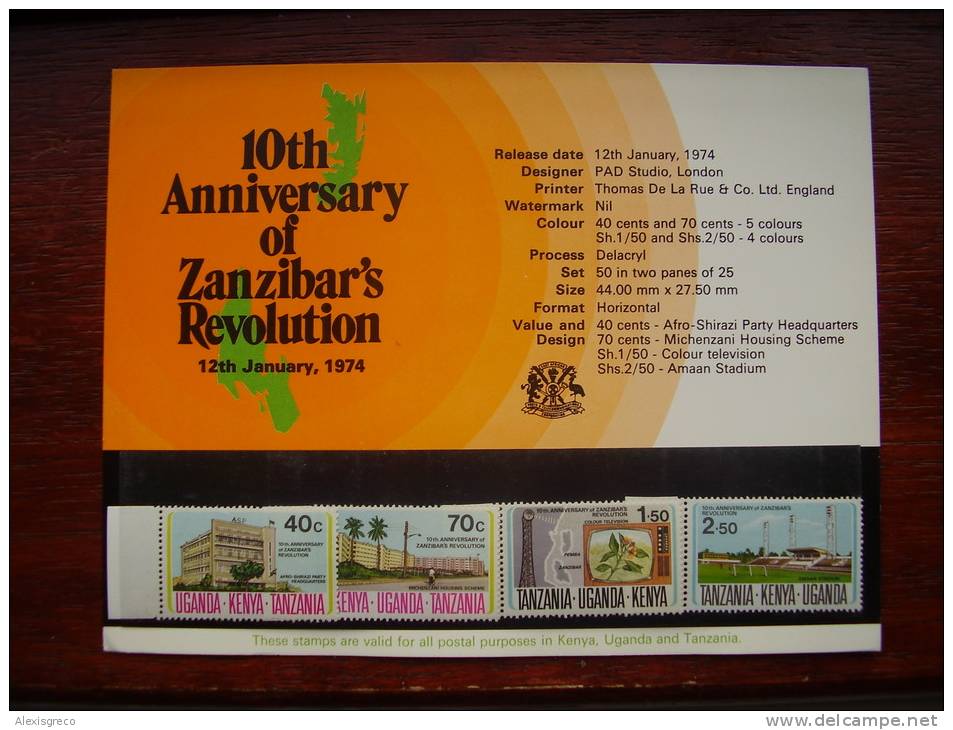 K U T  1974 10th.Anniv Of ZANZIBAR REVOLUTION Issue 4 Values To 2/50 With PRESENTATION CARD MNH. - Kenya, Ouganda & Tanzanie