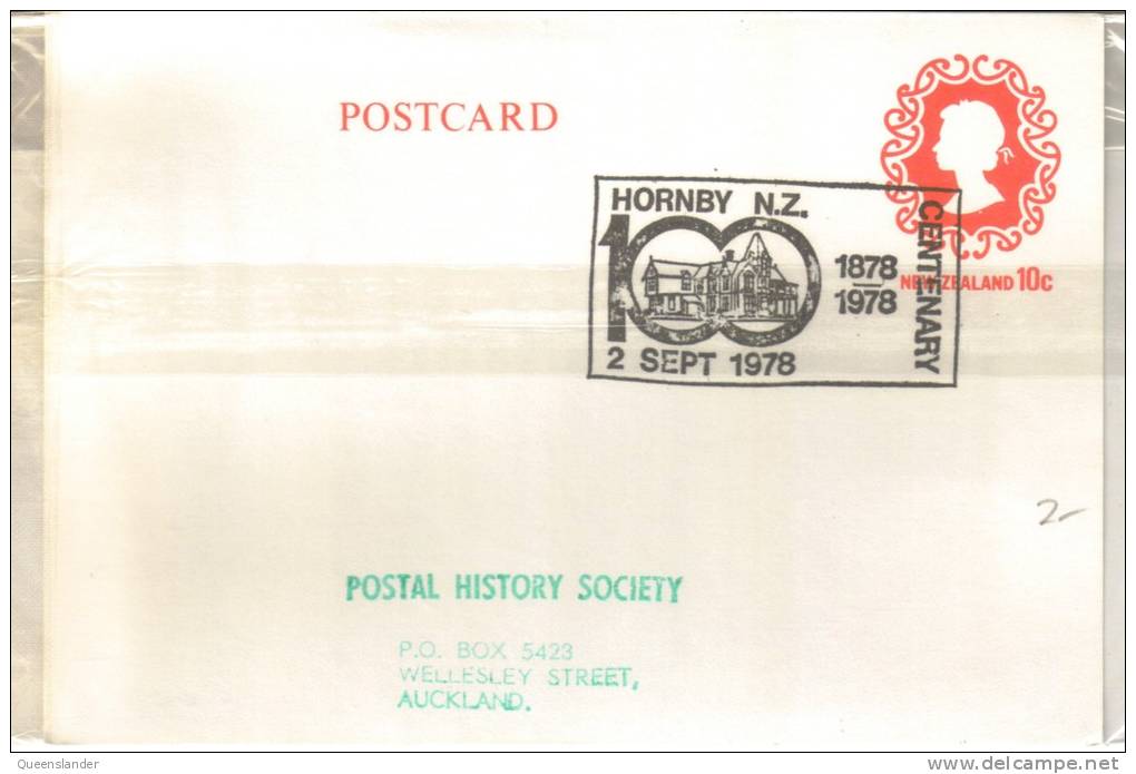 1978 New Zealand 10 Cent Postcard Special Postmark 1878 1978 Hornby Centenary 2 Sept  1978 - Briefe U. Dokumente