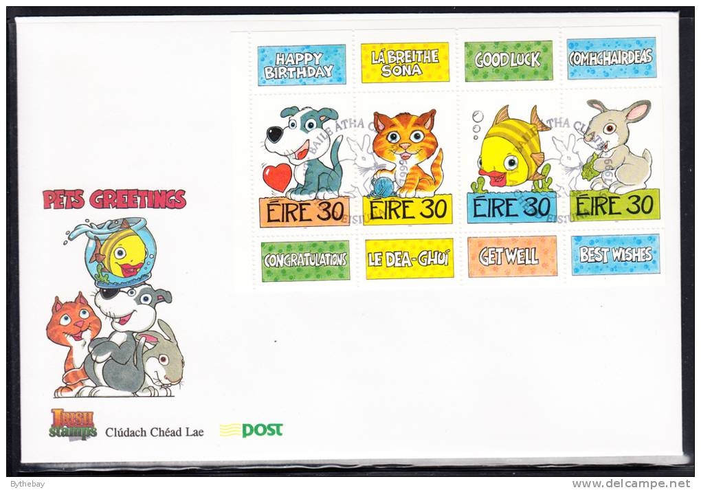 Ireland Scott #1164a FDC Booklet Pane Of 4 30p Dog, Kitten, Goldfish, Rabbit - Greeting Stamps - Conejos