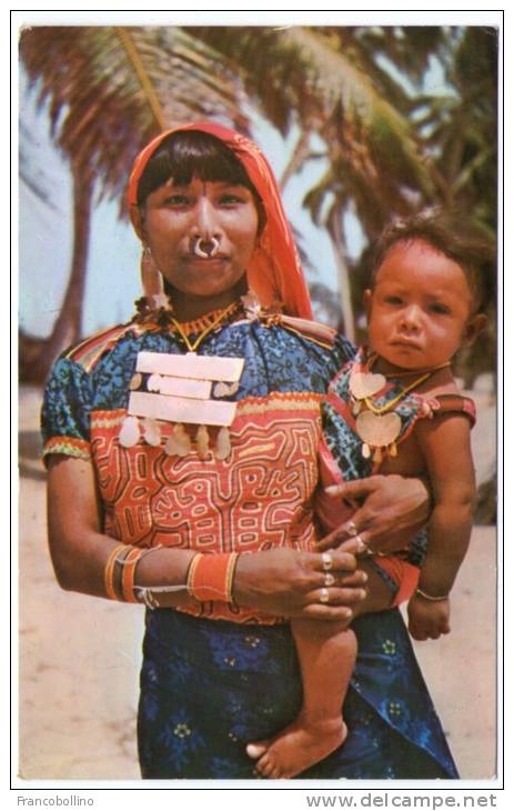 PANAMA - ISLANDS OF SAN BLAS-KUNA INDIAN WOMAN WITH HER SON/MOTHER AND CHILD/ RED METER/EMA - Panama