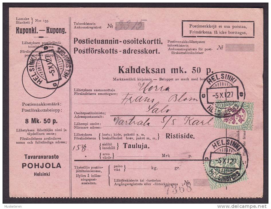 Finland Adresskort Packet Freight Bill Card HELSINKI 1927 To SALO (2 Scans) - Brieven En Documenten