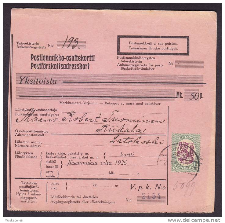 Finland Adresskort Packet Freight Bill Card TAMPERE 1927 To KÜKALA (2 Scans) - Briefe U. Dokumente