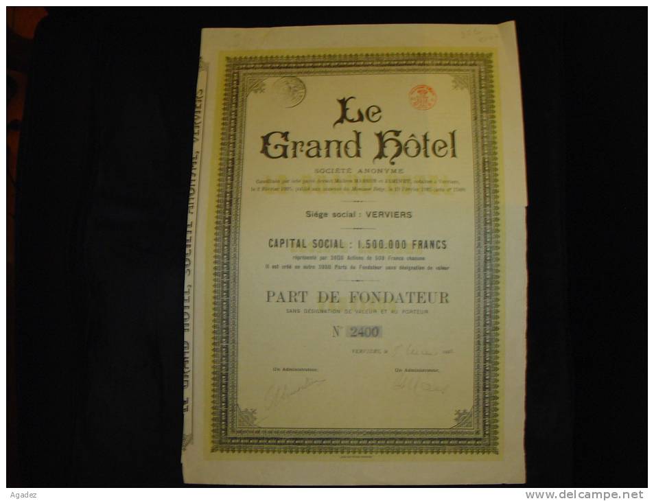Part Fondateur " Le Grand Hotel Verviers " 1925 Sans Coupons - Turismo
