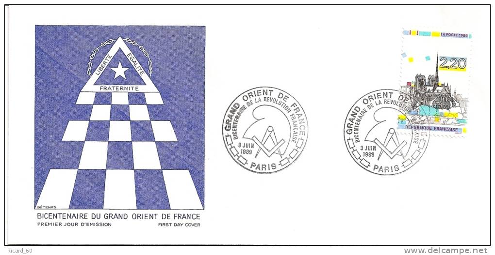 Fdc Franc-maçonnerie, Bicentenaire Du Grand Orient De France;1989, Bicentenaire De La Révolution Française, Notre Dame D - Freemasonry