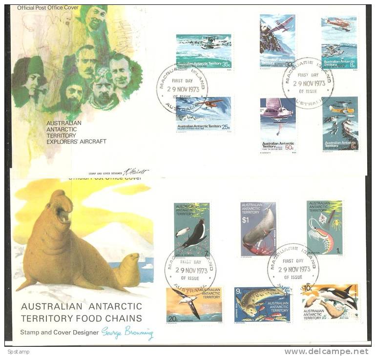 Australian Antarctic Territory 1973 Food Chain & Aircraft Set Macquarie Island Base Cancel FDC - Covers & Documents