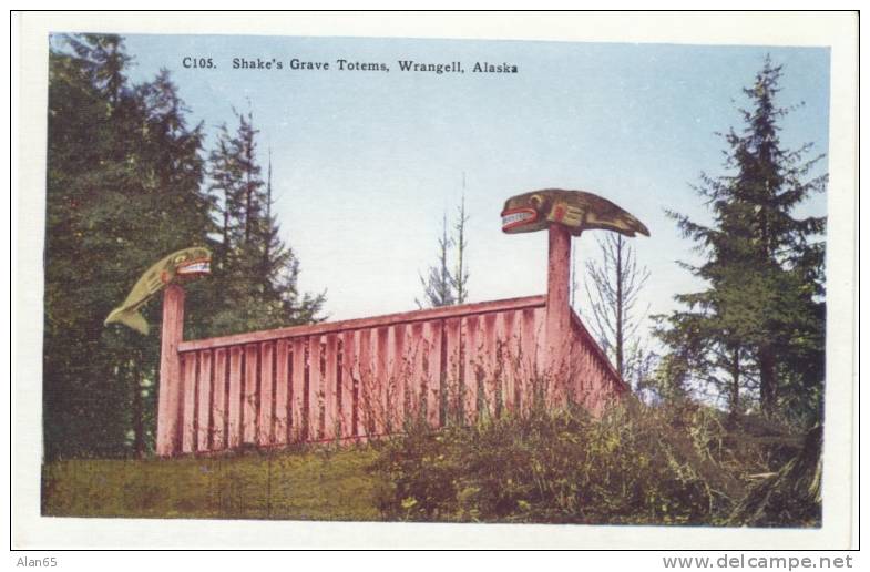 Wrangell AK Alaska, Shake's Grave Totems, Native Cemetery On C1930s/40s Vintage Postcard - Other & Unclassified