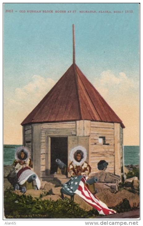 St. Michaels AK Alaska, Russian Block House, Natives Hold US Flag, On C1910s Vintage Postcard - Other & Unclassified