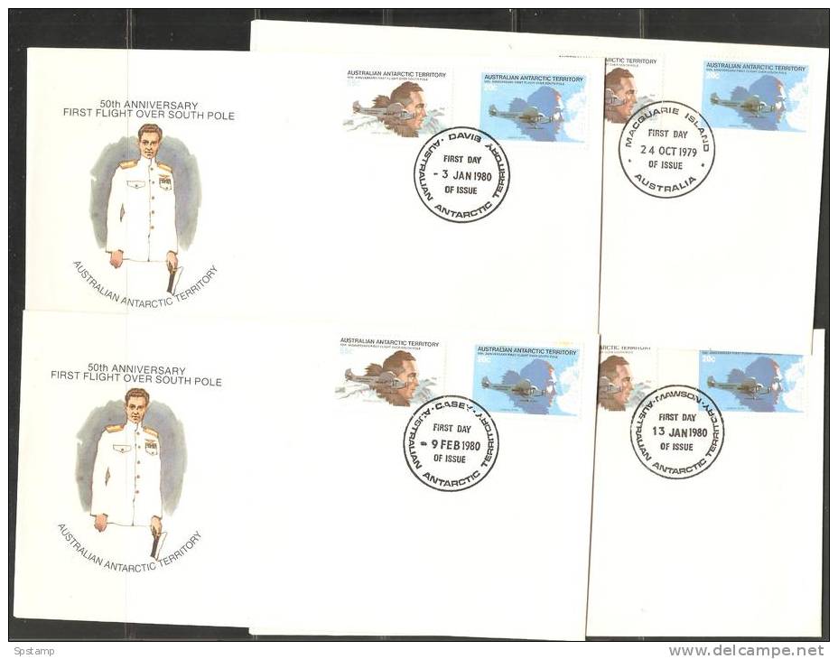 Australian Antarctic Territory 1979 First Flight Anniversary Set 4 Base FDC Set Official Unaddressed 1 With Small Fault - Covers & Documents