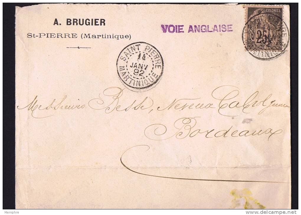 1892 Lettre Par Voie Anglaise Pour La France  Alpée Dubois 25 Cent. - Covers & Documents