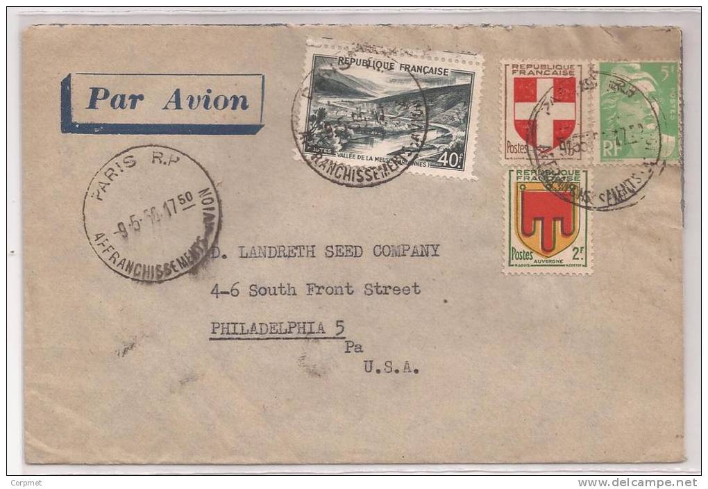 FRANCE - 1956 VF COVER - Marianne De Gandon - 5f + Vallee De La Meuse + Avon + Auvergne- To PHILADELPHIA - 1945-54 Marianne Of Gandon