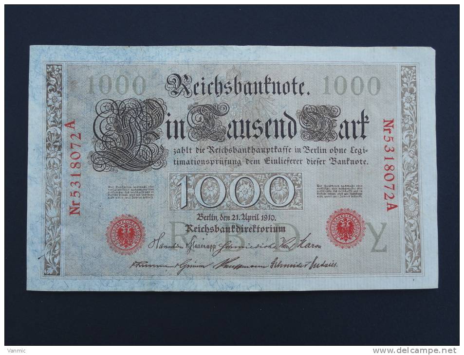 1910 A - Billet 1000 Mark - Allemagne - Série A : N° 5318072 A - (Banknote Deutschland Germany) - 1000 Mark