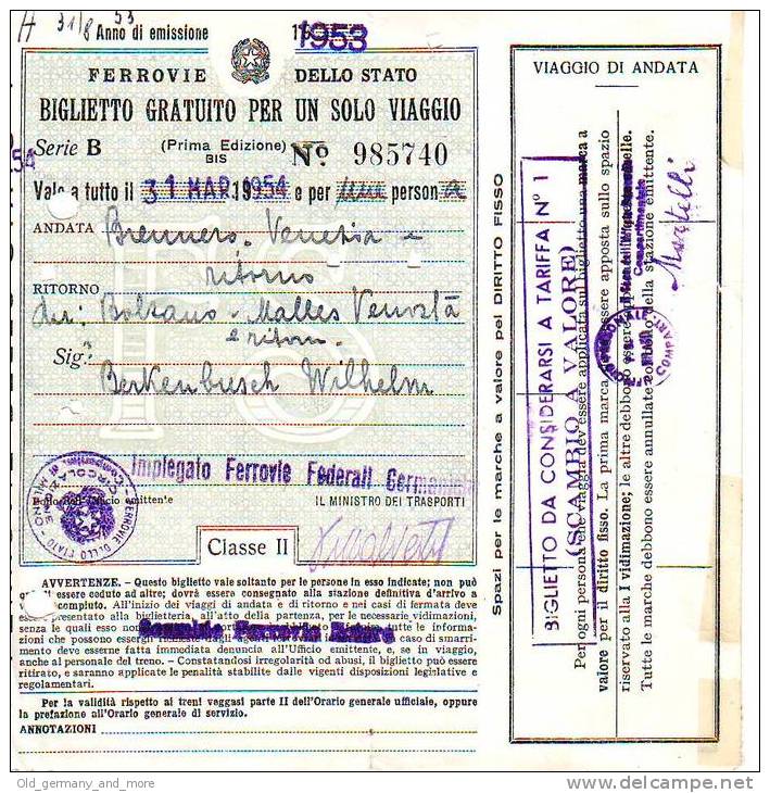Fahrschein Brenner-Venezia 31 März 1954 - Europe
