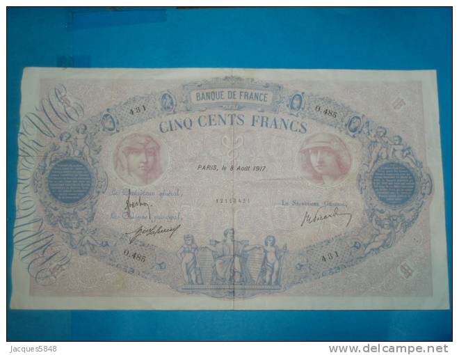 500 Frs Bleu Et Rose - Du 8 Aout 1917 - ( Date Rare )  TTB - 9 épinglages  - Plis - Coupes De 5 Ctm à Gauche Non Visible - 500 F 1888-1940 ''Bleu Et Rose''