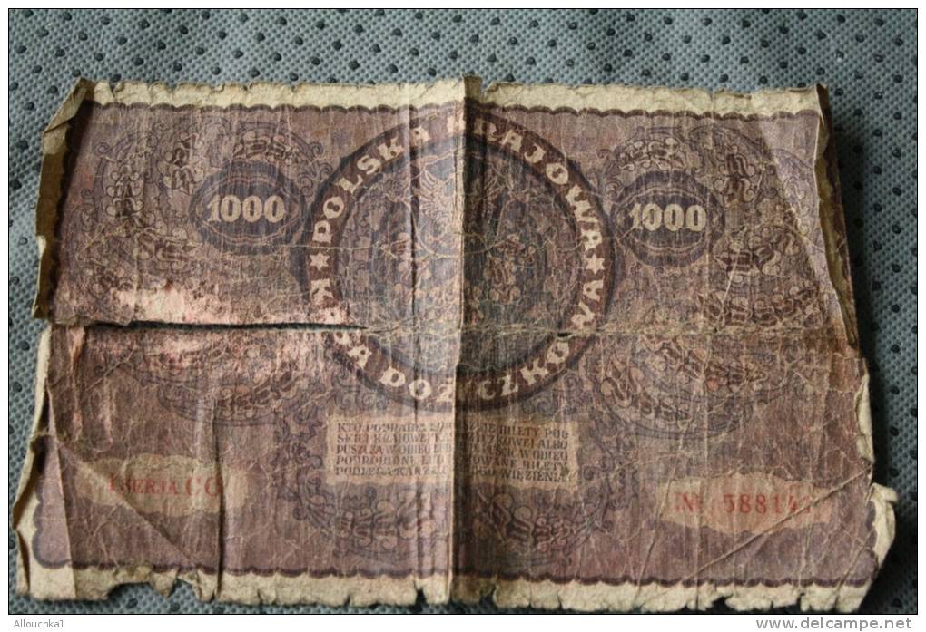 Billet De Banque - Bank - Banca :de Pologne Polska : Valeur 1000 &mdash; Années 1919 En Mauvais état - Polen