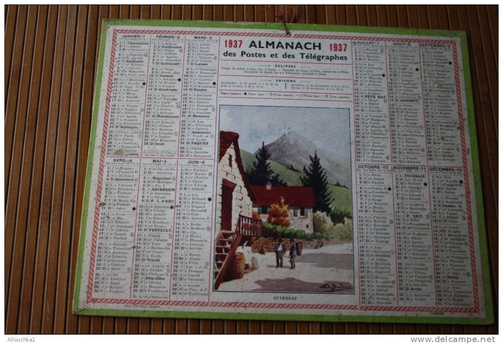 Rare 1937 L'Auvergne : Calendrier Almanach Des PTT:N°77 Nomenclature Communes De La Seine-et-Marne - Grand Format : 1921-40