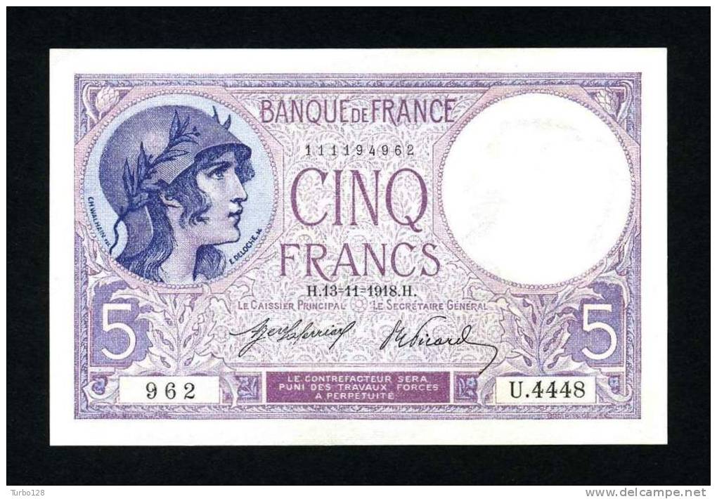 FAYETTE N° 3/2 NEUF Sans Aucun Défaut - 13-11-1918 U.4448 - 5 FRANCS (VIOLET) Type 1917. Cote: 200€ - 5 F 1917-1940 ''Violet''