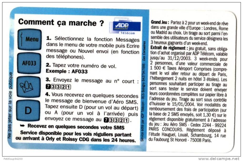 CARTE  AERO SMS   ADP  Telecom - Autres & Non Classés