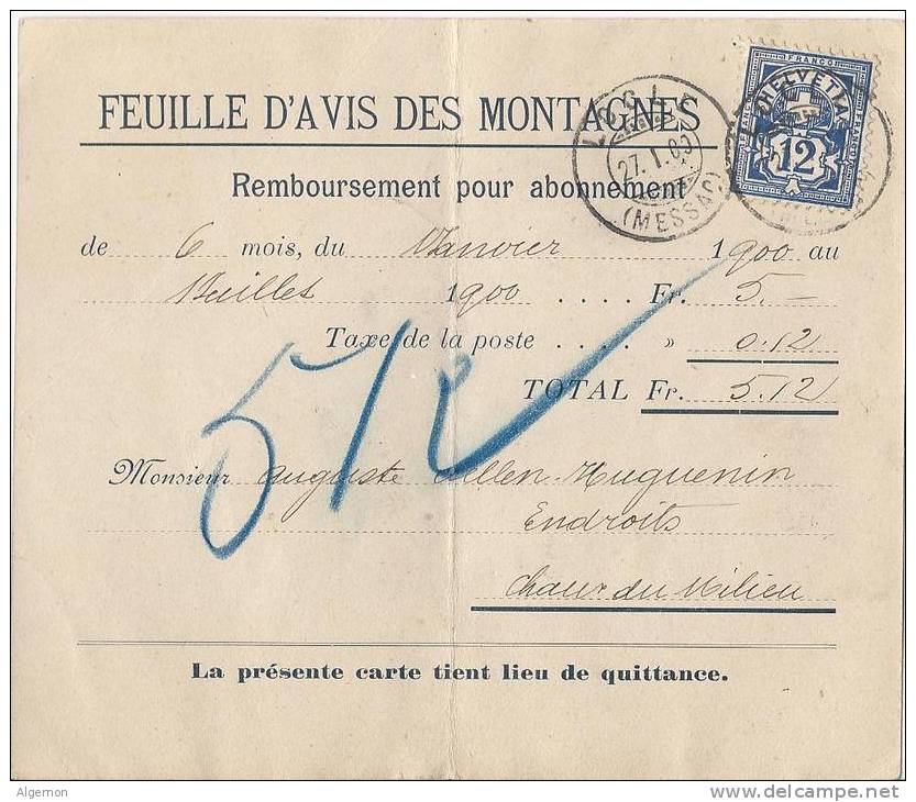 3186 -  Remboursement Feuille D'Avis Des Montagnes Le Locle 27.01.1900 Pour Chaux Du Milieu - Lettres & Documents